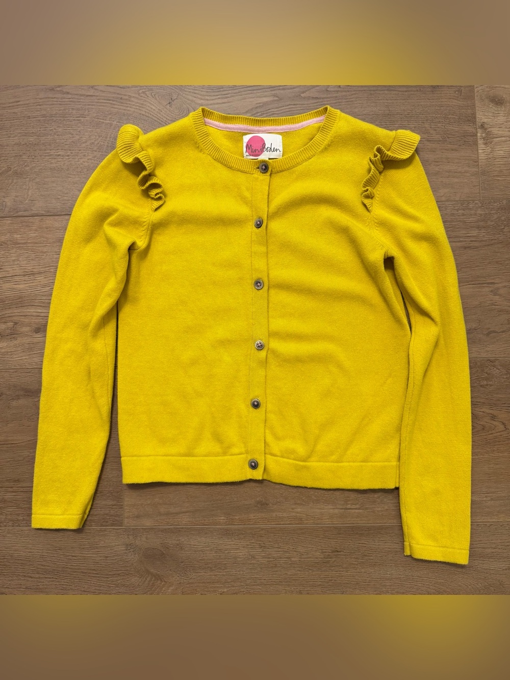 Mini Boden Girls Long-Sleeve Yellow Sweater,  Shoulder Ruffles, Sz. 8-9 Y